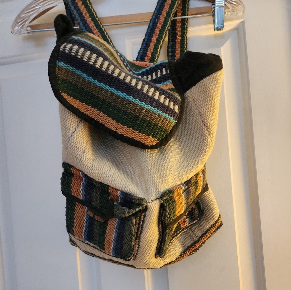 Handmade In Nepal Backpack Cotton Multicolor Stripe Hippie Festival - Picture 2 of 7